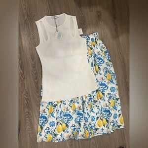 Women's White Lemon-Print Skirt with and White Ribbed Tank Top bundled